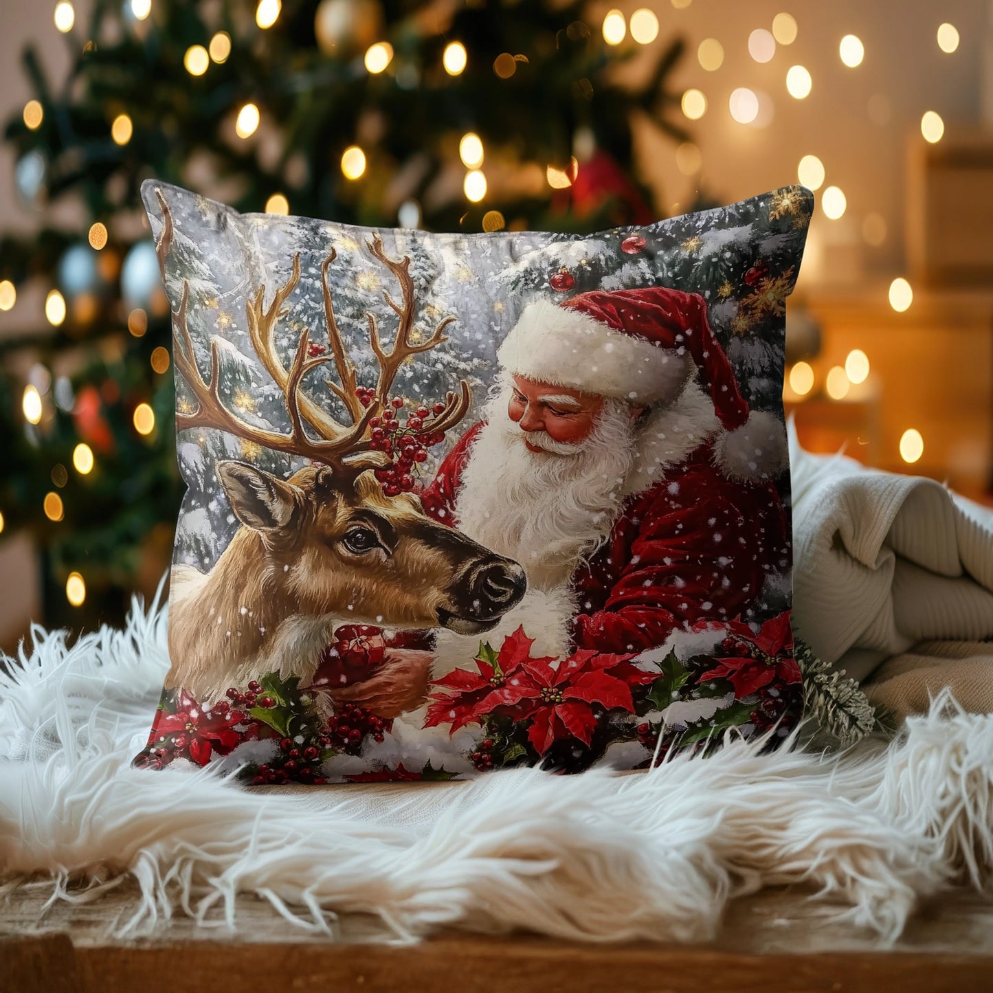 Shineful 2D Print Cushion Cover, Pillowcase, Pillows Covers - Festive Friendship: Santa and His Loyal Reindeer