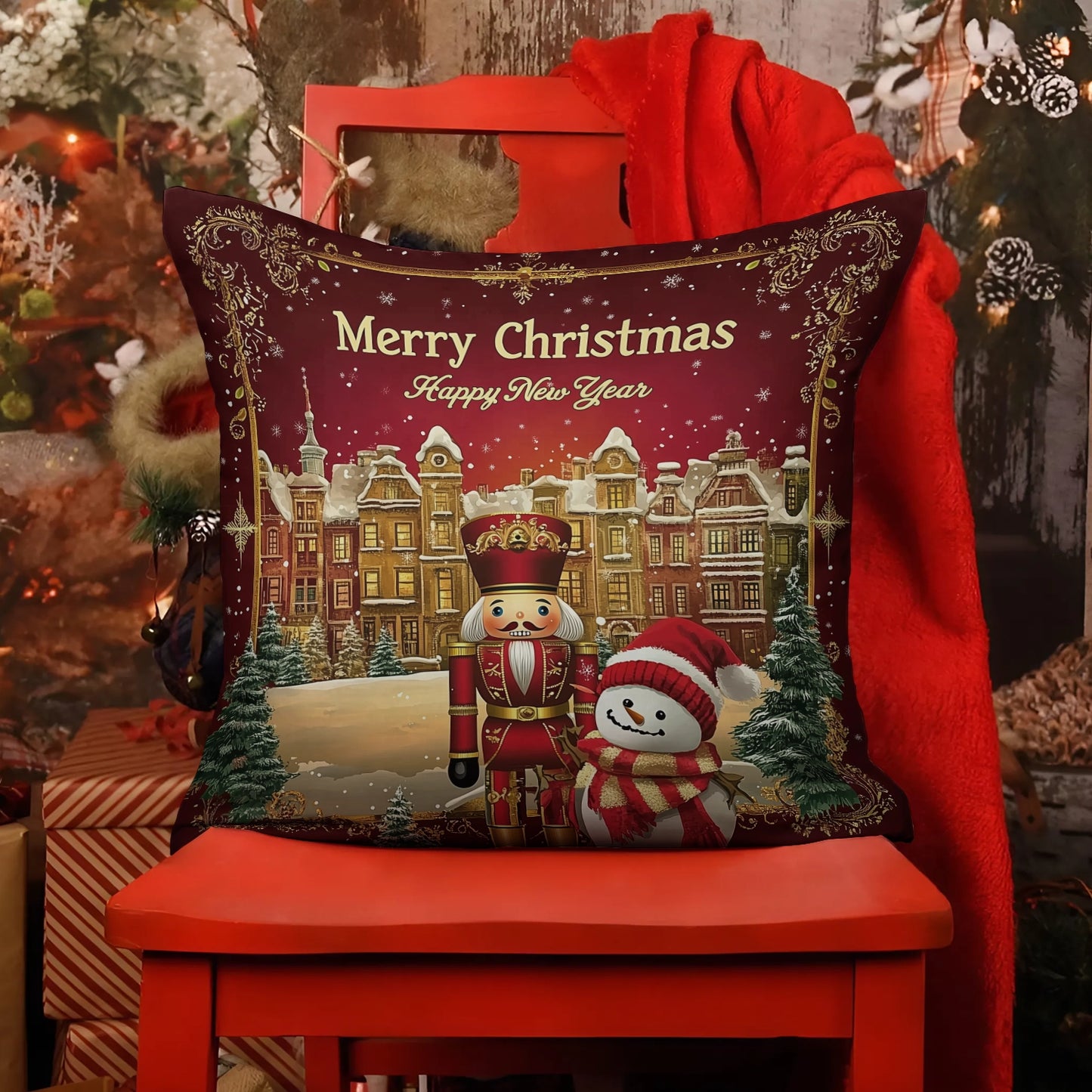 Shineful 2D Print Cushion Cover, Pillowcase, Pillows Covers - Ornate Holiday Greetings - Merry Christmas and Happy New Year