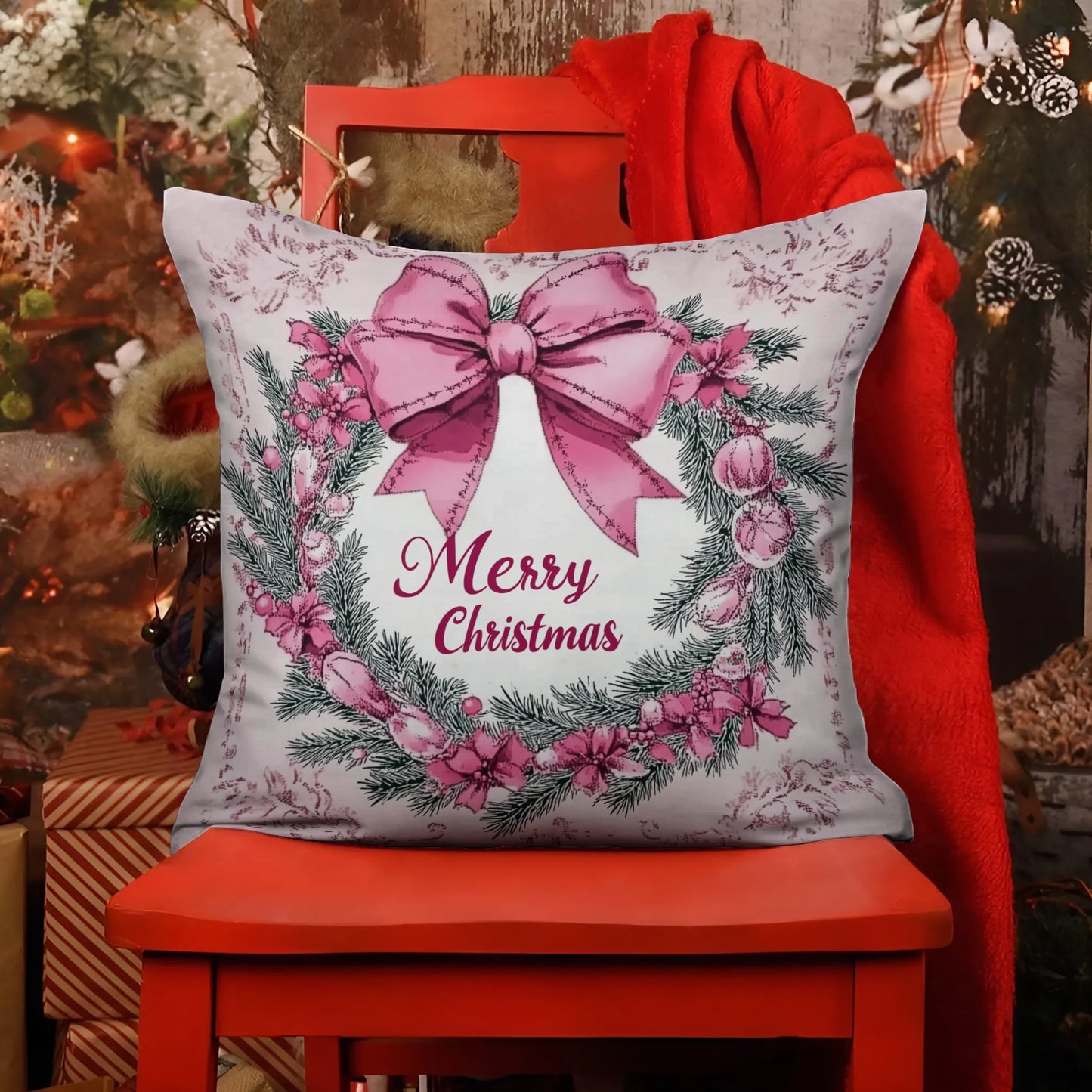 Shineful 2D Print Cushion Cover, Pillowcase, Pillows Covers - A Merry Christmas Wrapped in a Pink Bow