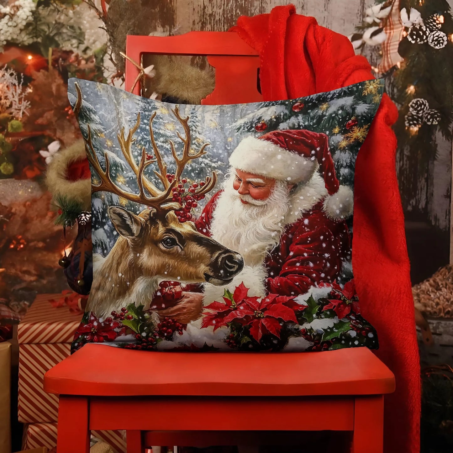 Shineful 2D Print Cushion Cover, Pillowcase, Pillows Covers - Festive Friendship: Santa and His Loyal Reindeer