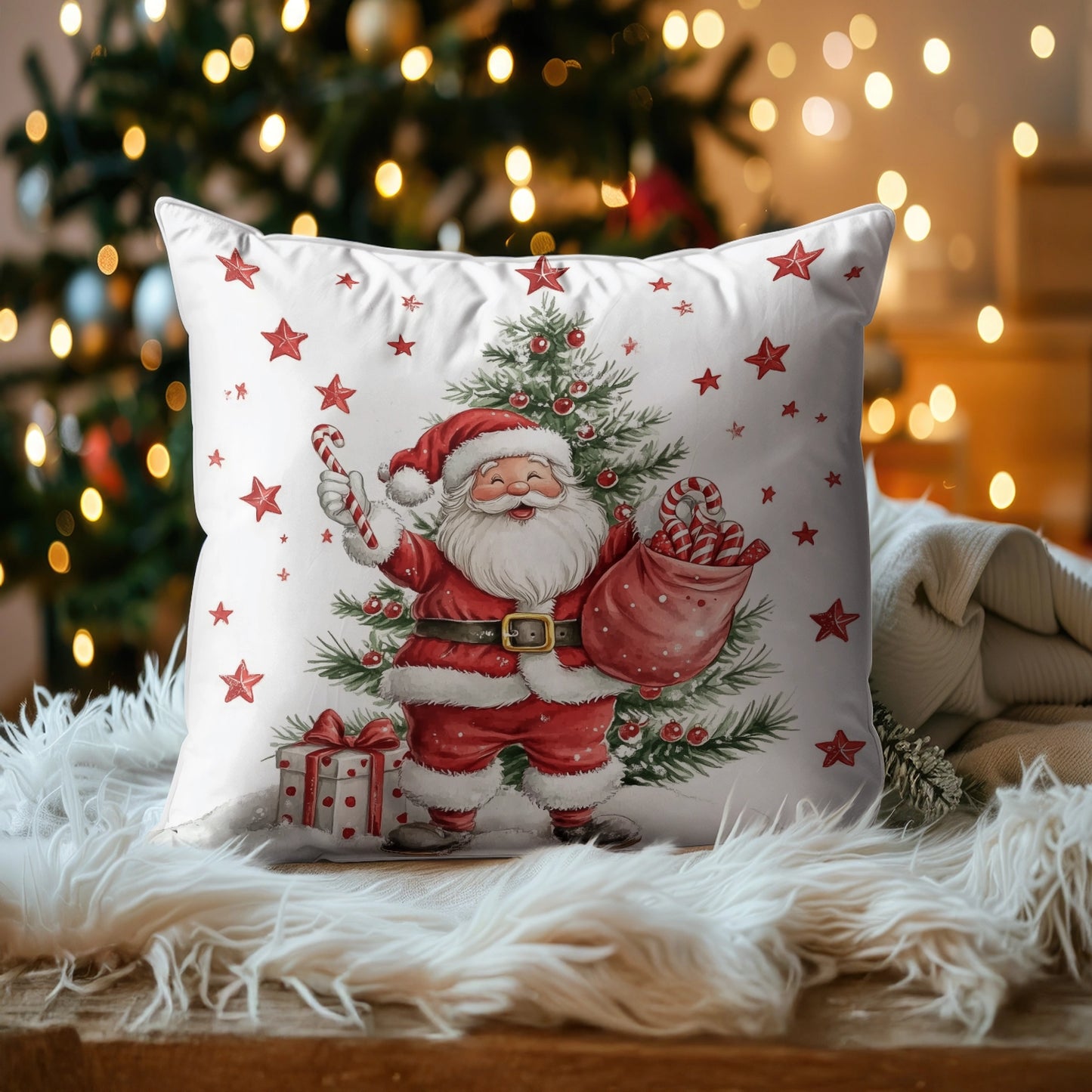 Shineful 2D Print Cushion Cover, Pillowcase, Pillows Covers - Jolly Santa, Candy Canes, and Christmas Magic