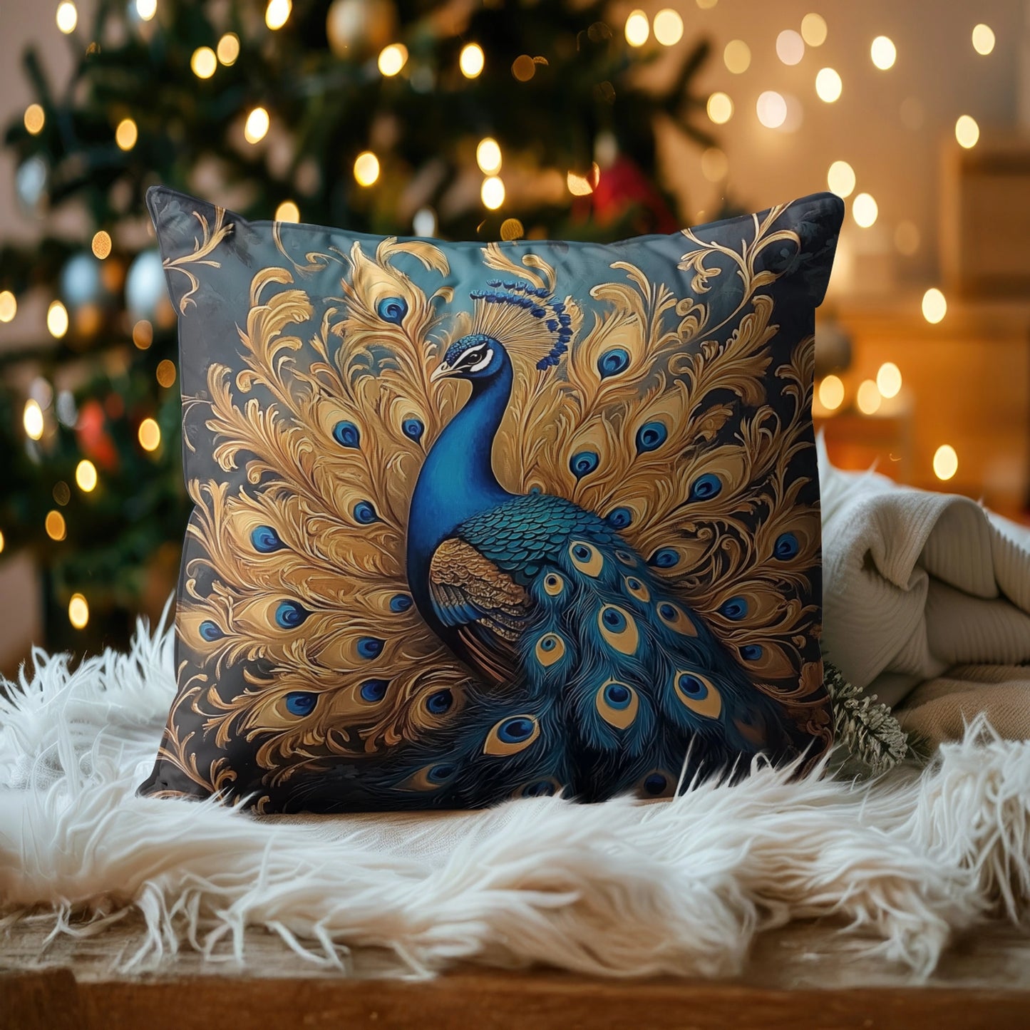 Shineful 2D Print Cushion Cover, Pillowcase, Pillows Covers - Elegance Unveiled: The Golden Peacock