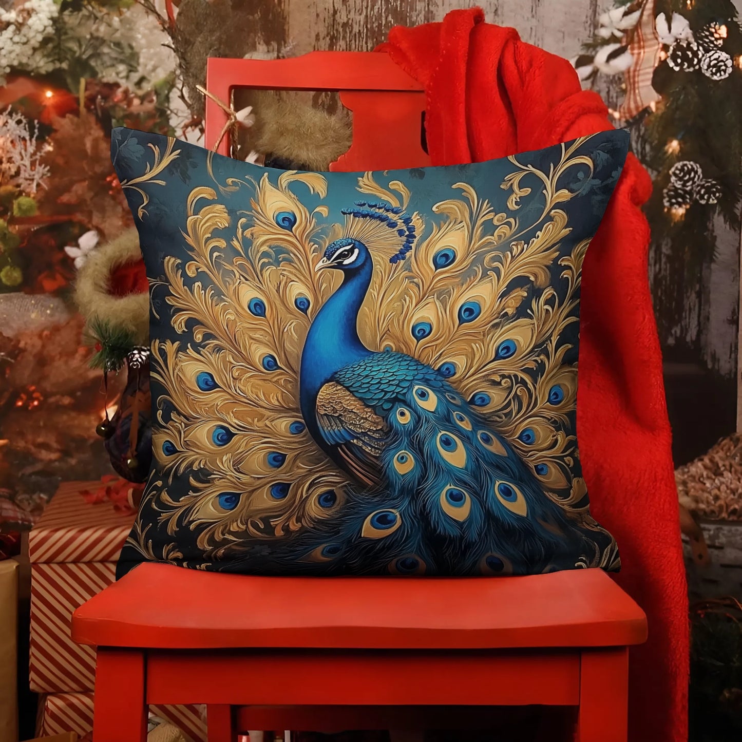 Shineful 2D Print Cushion Cover, Pillowcase, Pillows Covers - Elegance Unveiled: The Golden Peacock