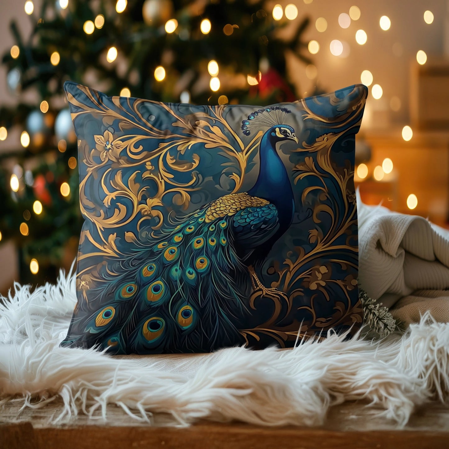 Shineful 2D Print Cushion Cover, Pillowcase, Pillows Covers - Majestic Peacock Amidst Ornate Flourishes