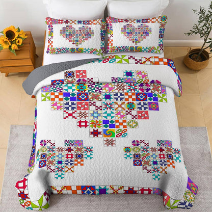 Shineful All Season Quilt 3-Piece Set Colorful Quilting Blocks Heart