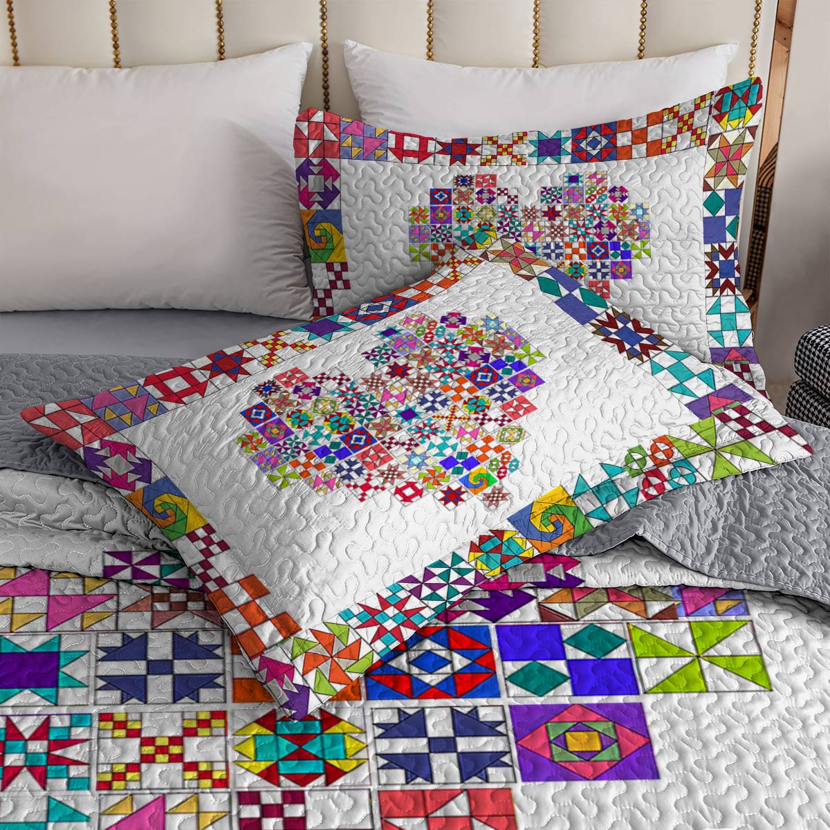 Shineful All Season Quilt 3-Piece Set Colorful Quilting Blocks Heart