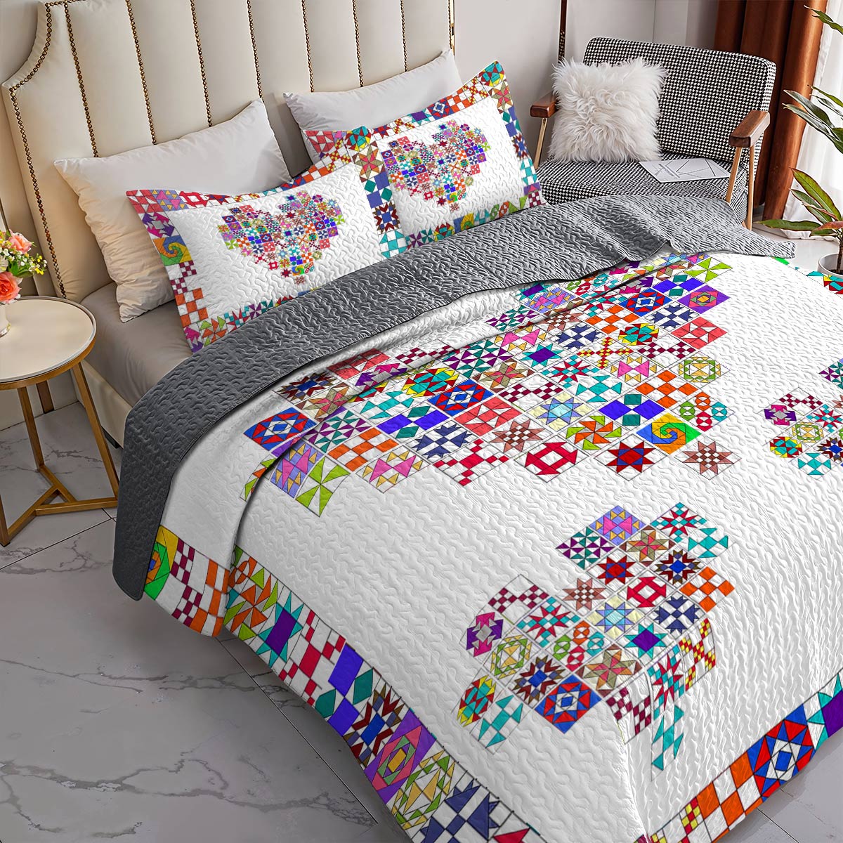 Shineful All Season Quilt 3-Piece Set Colorful Quilting Blocks Heart