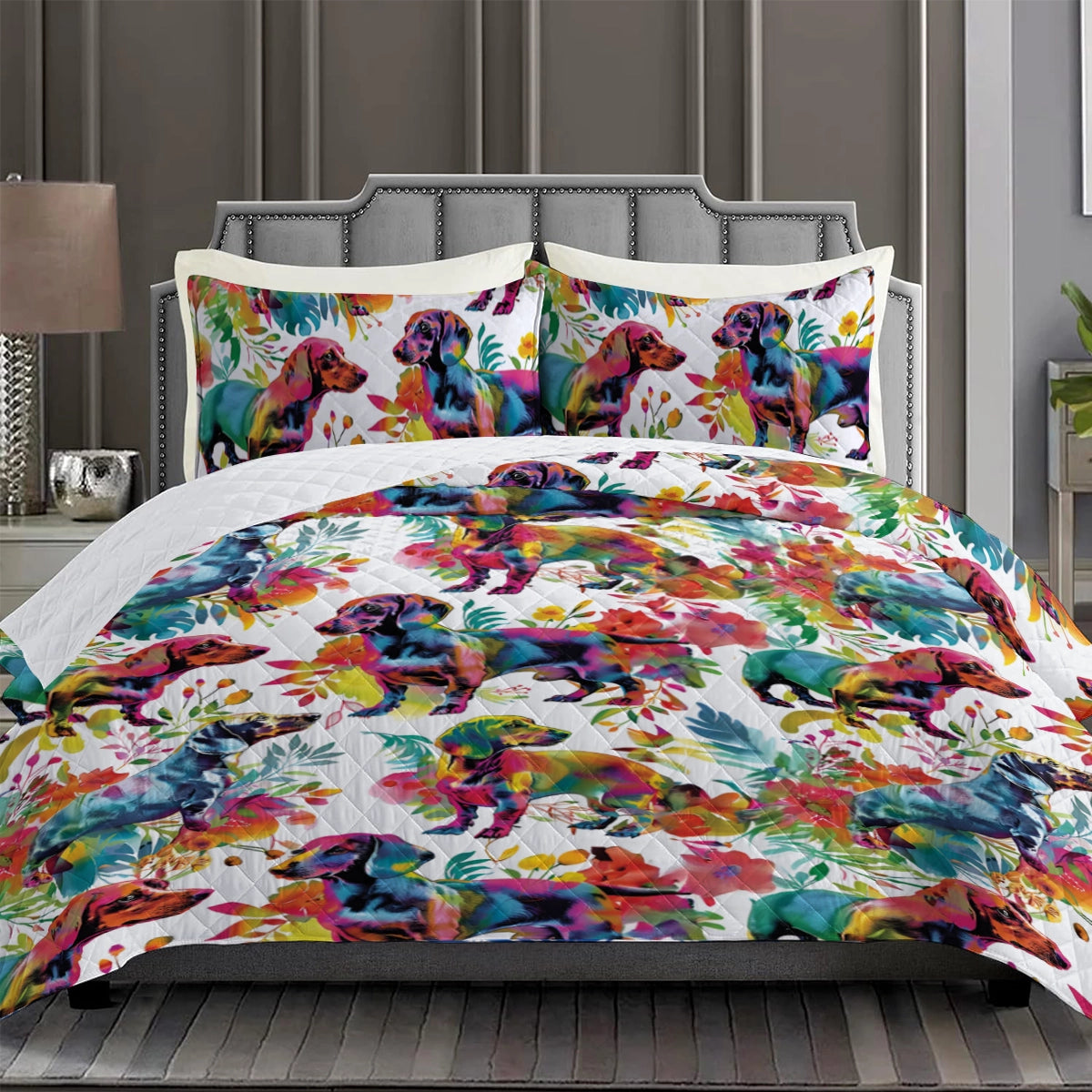 Shineful Quilt 3-Piece Set Vibrant Floral Dachshund