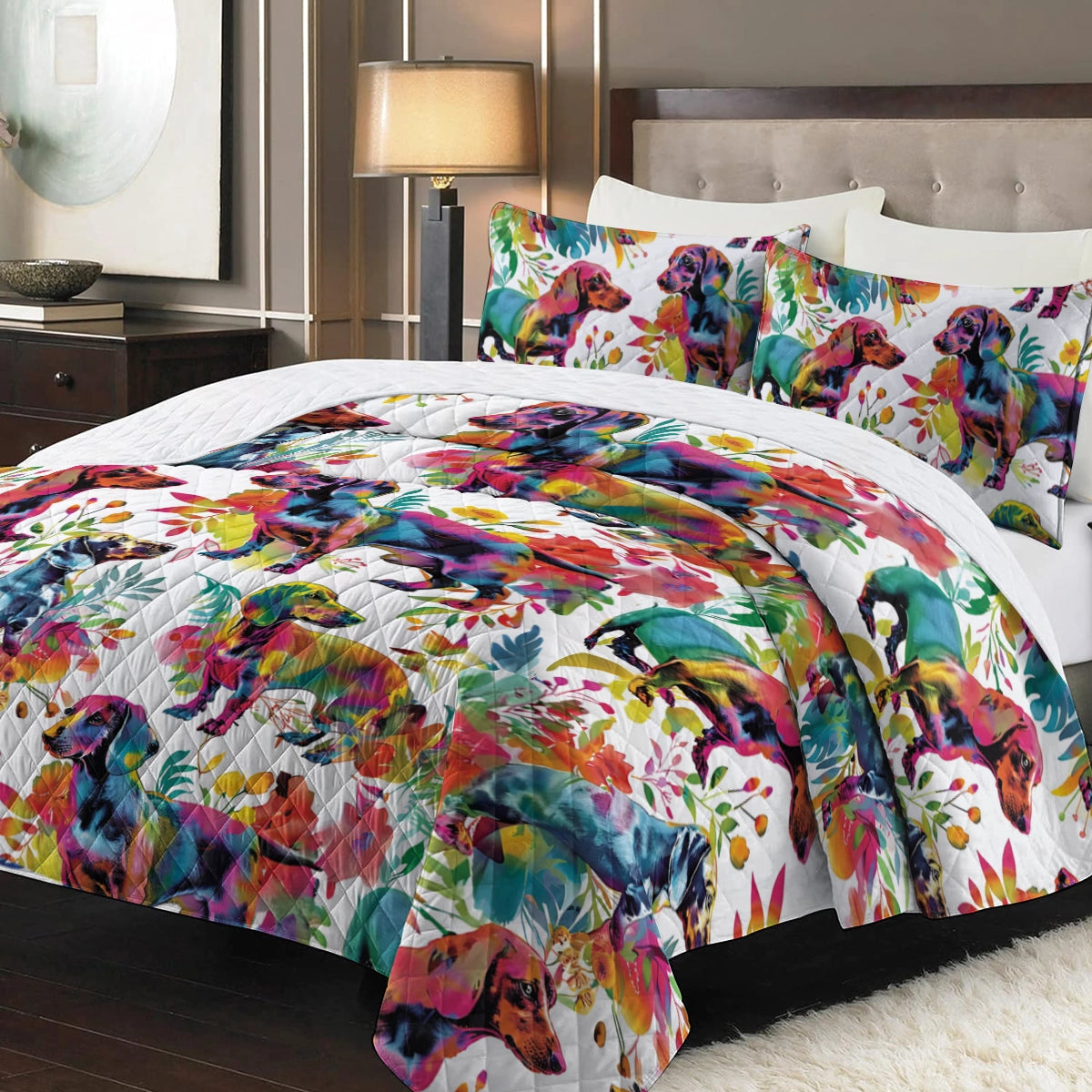 Shineful Quilt 3-Piece Set Vibrant Floral Dachshund