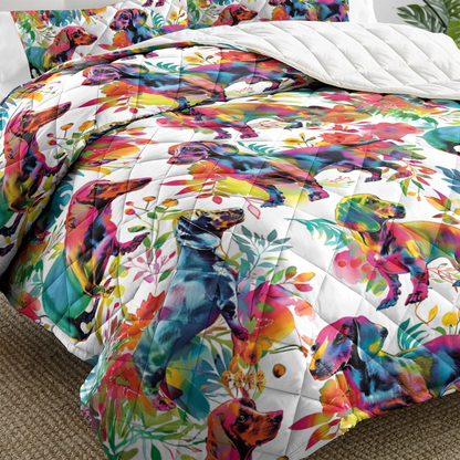 Shineful Quilt 3-Piece Set Vibrant Floral Dachshund