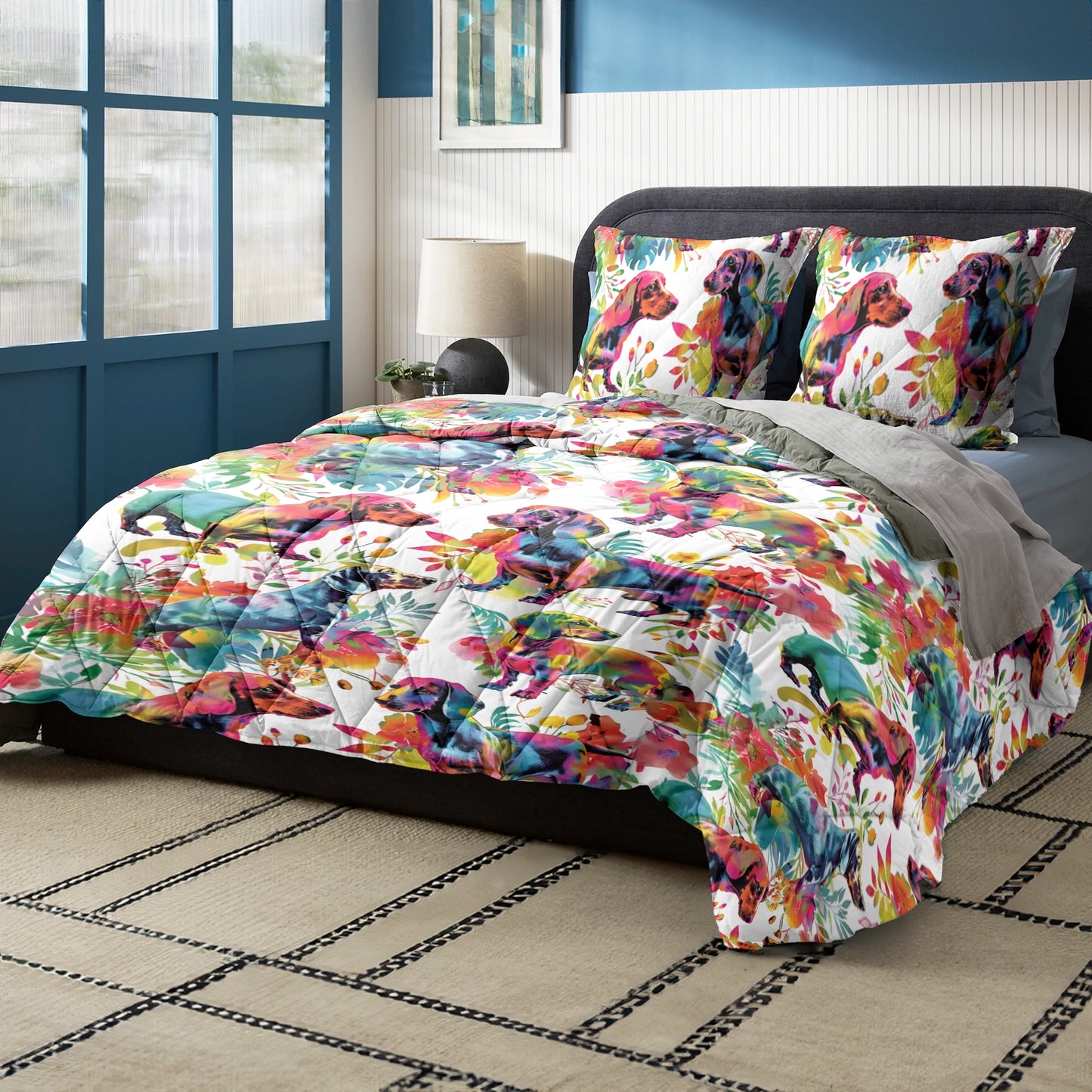 Shineful Quilt 3-Piece Set Vibrant Floral Dachshund