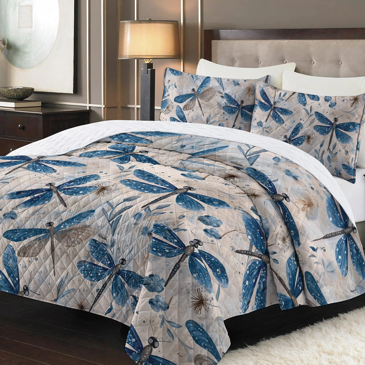 Shineful All Season Quilt 3-Piece Set Blue Dragonfly Whispers