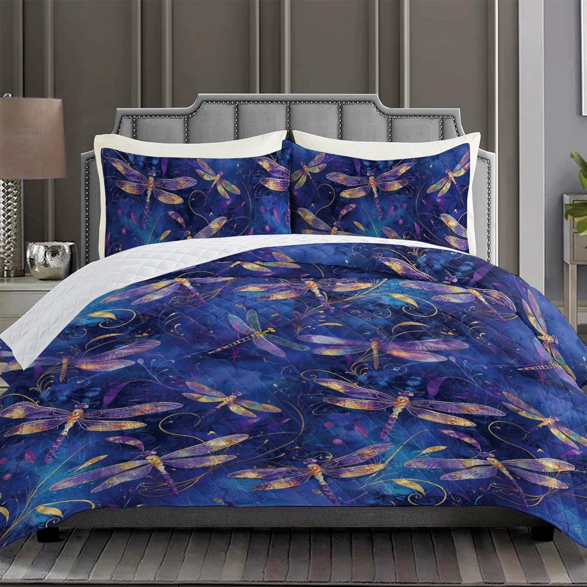 Shineful All Season Quilt 3-Piece Set Gentle Purple Dragonfly