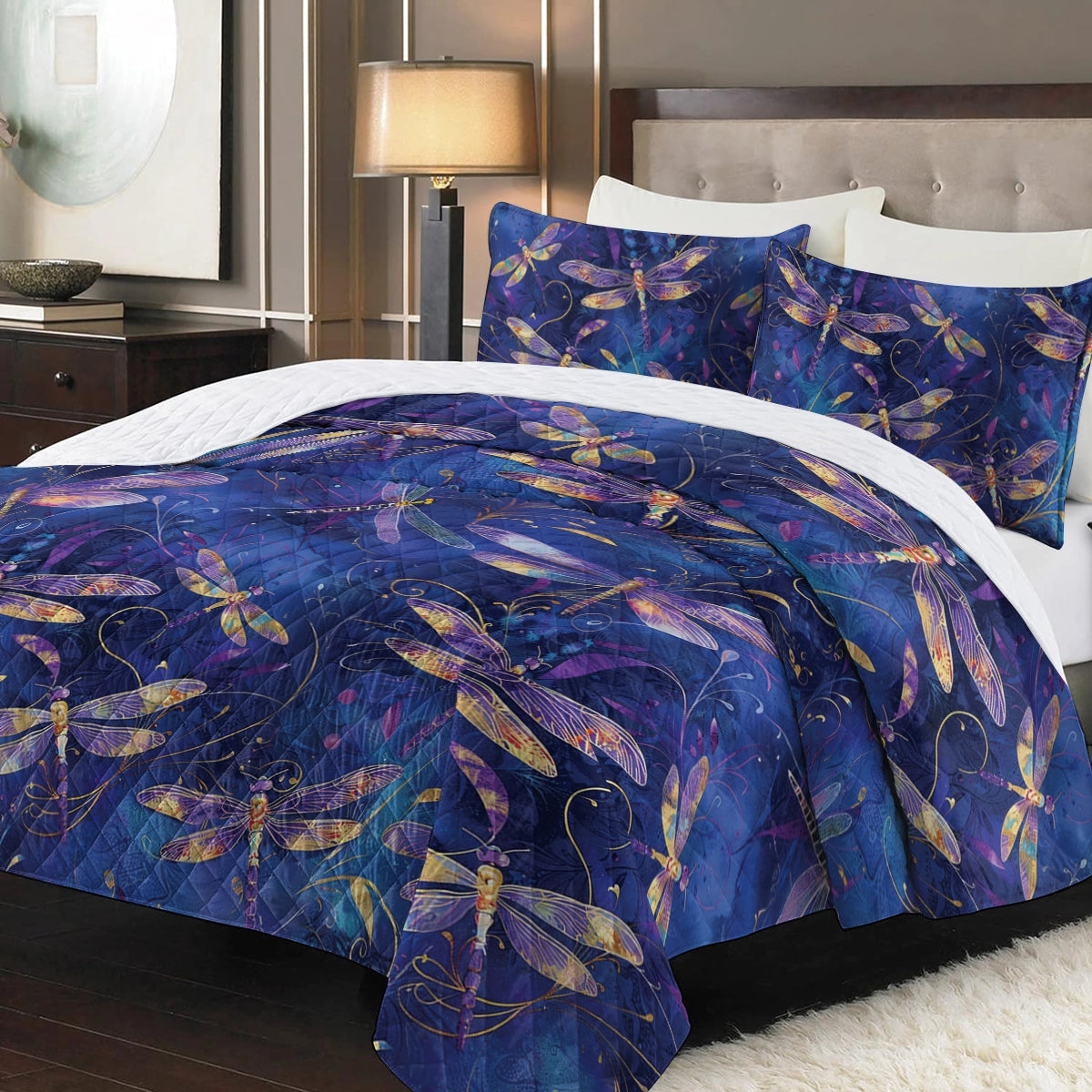 Shineful All Season Quilt 3-Piece Set Gentle Purple Dragonfly