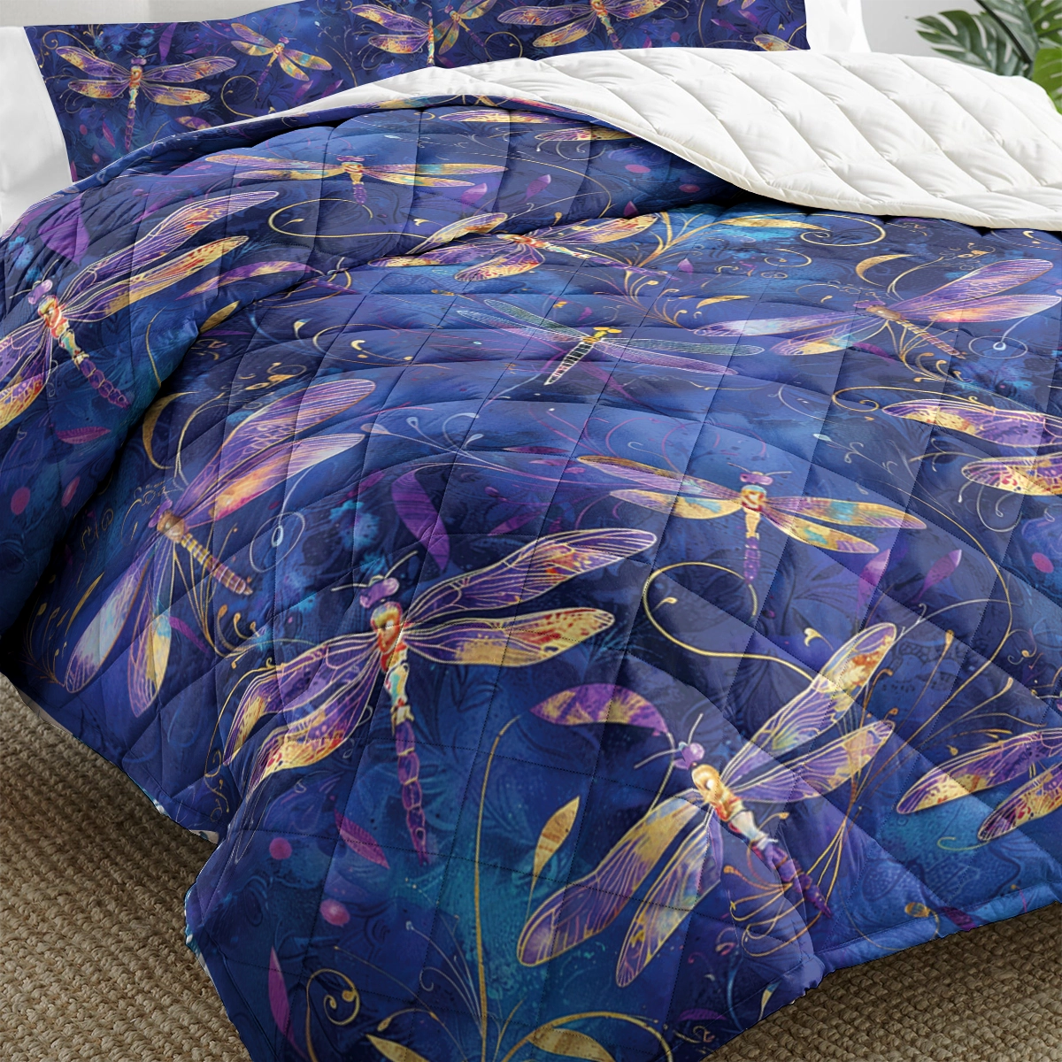 Shineful All Season Quilt 3-Piece Set Gentle Purple Dragonfly