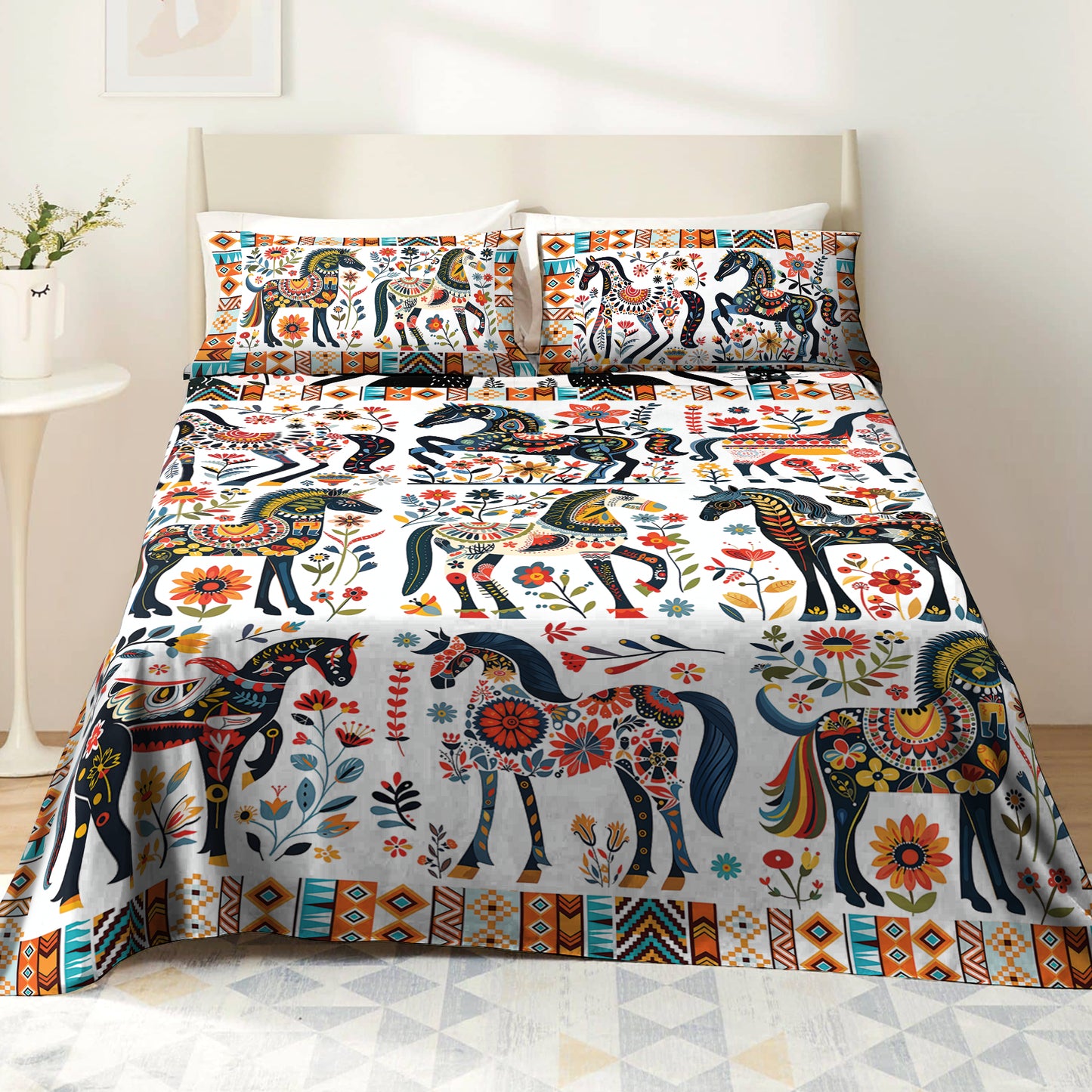 Shineful 4-Piece Bed Sheet Set Horse Floral Pattern