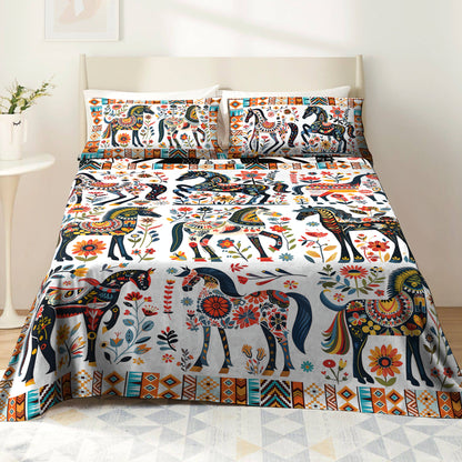 Shineful 4-Piece Bed Sheet Set Horse Floral Pattern