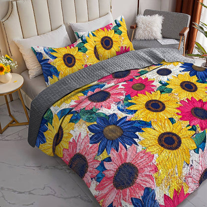 Shineful All Season Quilt 3-Piece Set Colorful Sunflowers