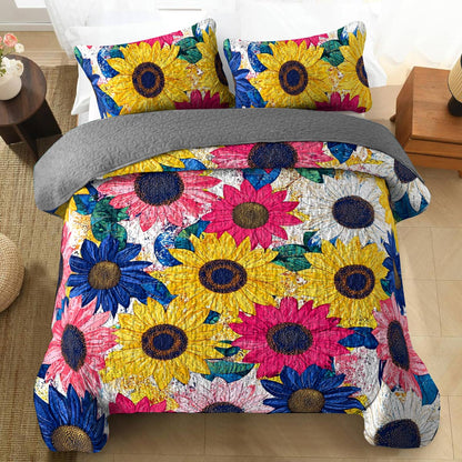 Shineful All Season Quilt 3-Piece Set Colorful Sunflowers