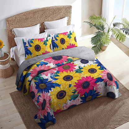 Shineful All Season Quilt 3-Piece Set Colorful Sunflowers