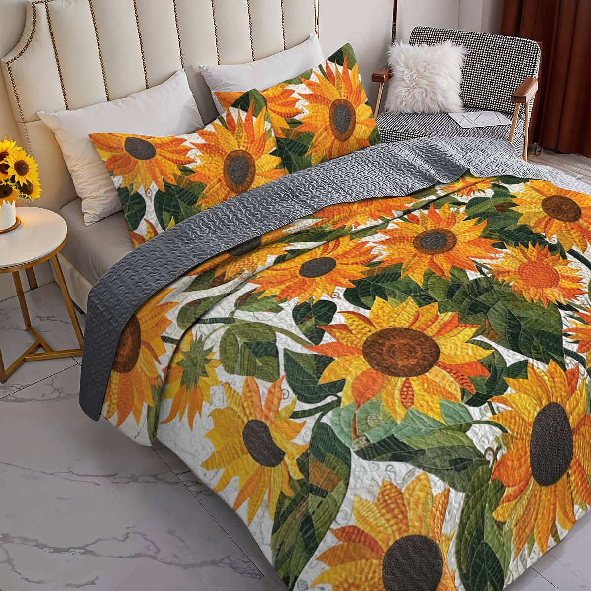 Shineful All Season Quilt 3-Piece Set Pretty Sunflowers