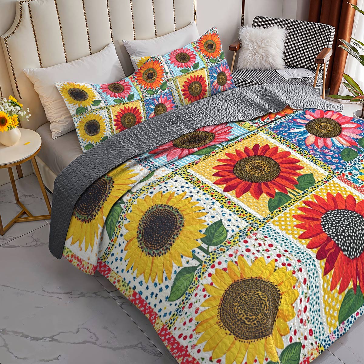 Shineful All Season Quilt 3-Piece Set Glamorous Sunflowers