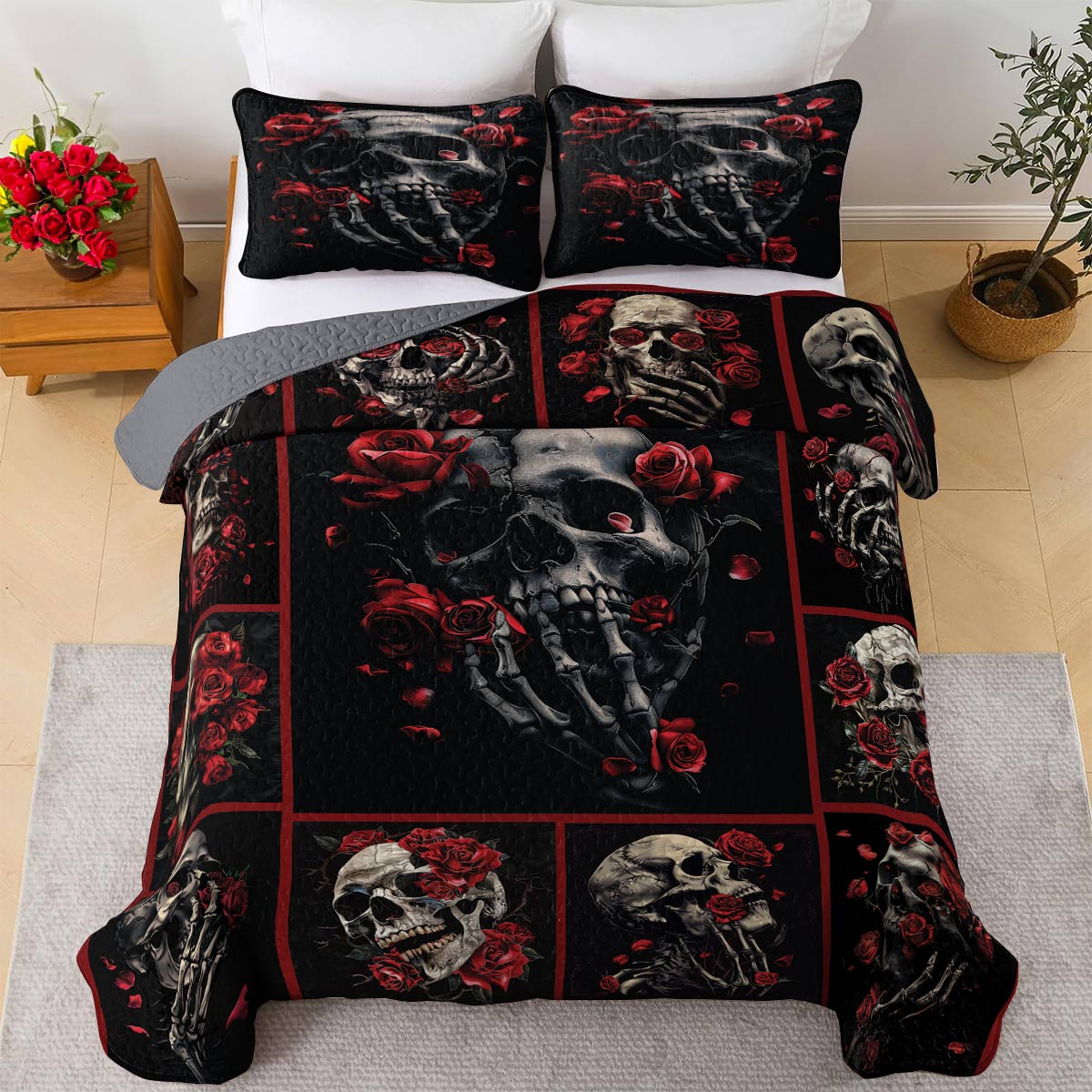 Shineful All Season Quilt 3-Piece Set Skull Rose Love