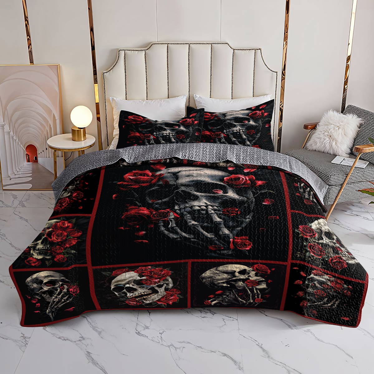 Shineful All Season Quilt 3-Piece Set Skull Rose Love