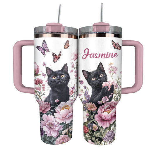Shineful Tumbler Persionalized Black Cat And Peonies