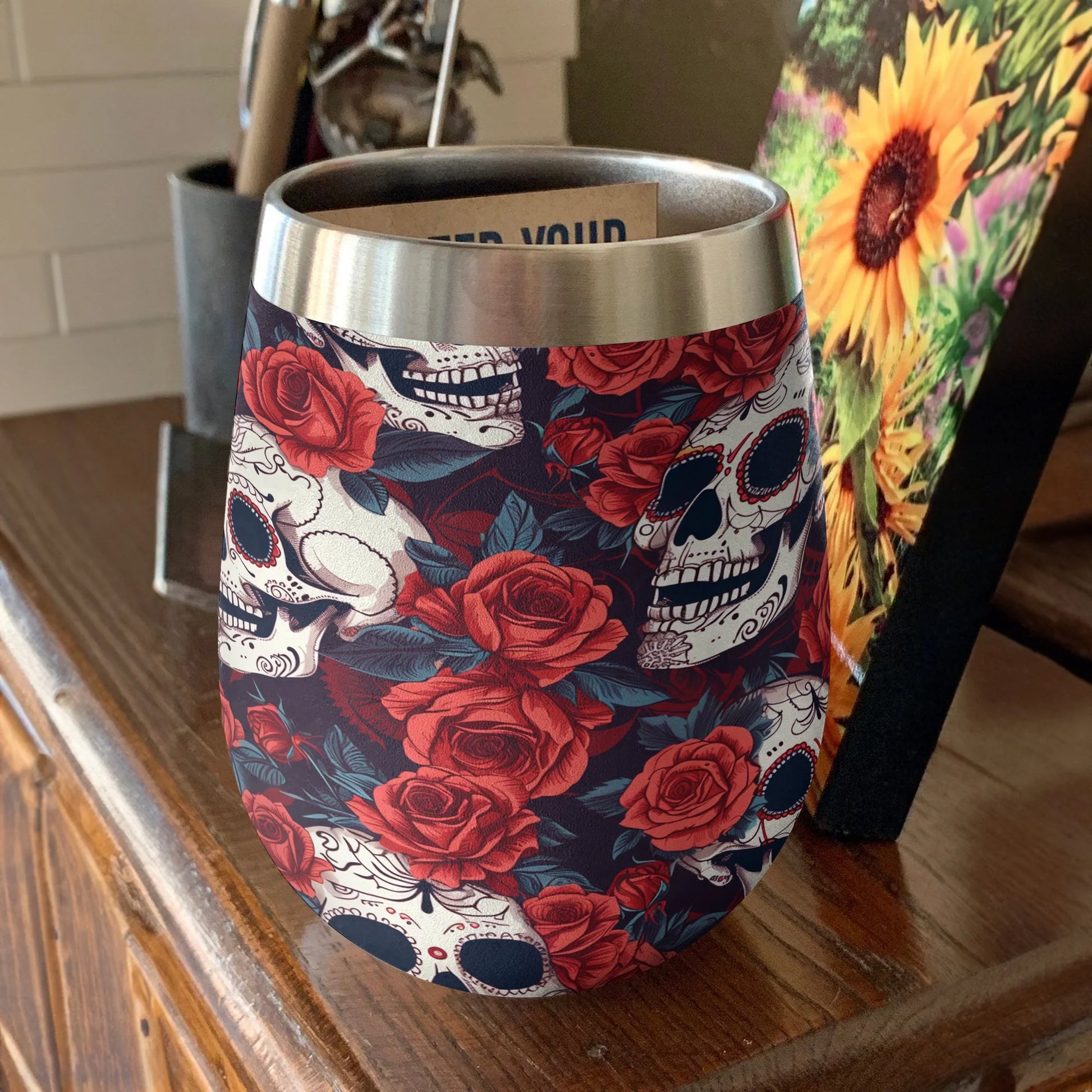 Skull 12 Oz Shineful™ Wine Tumbler Flower V2 Vq03 12Oz