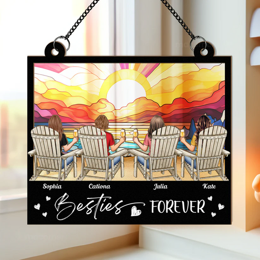 Sonnenuntergang am Strand Besties Forever - Personalisiertes Sonnenfänger-Ornament zum Aufhängen am Fenster