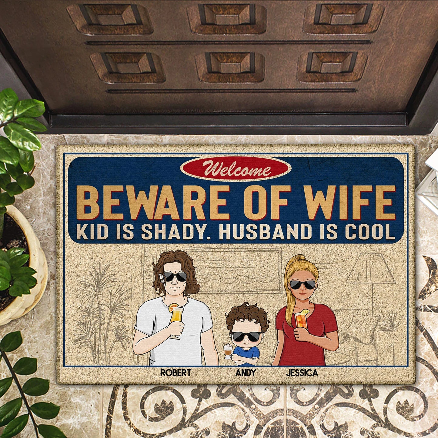 Shineful Doormat Beware Of Wife Kids Are Shady Husband Is Cool Couple Husband Wife Family Personalized Door Mat