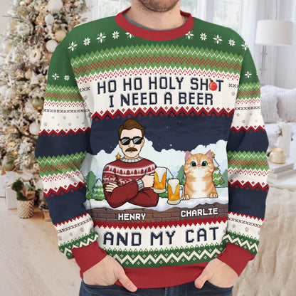 Shineful I Need A Beer And My Cats - Personalized Ugly Sweater