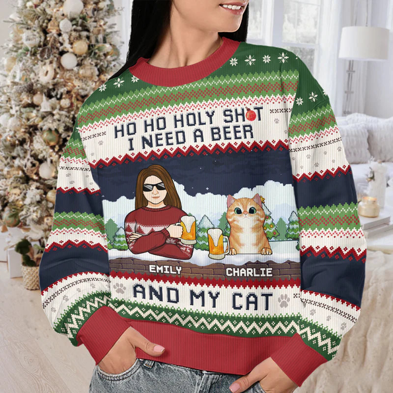 Shineful I Need A Beer And My Cats - Personalized Ugly Sweater