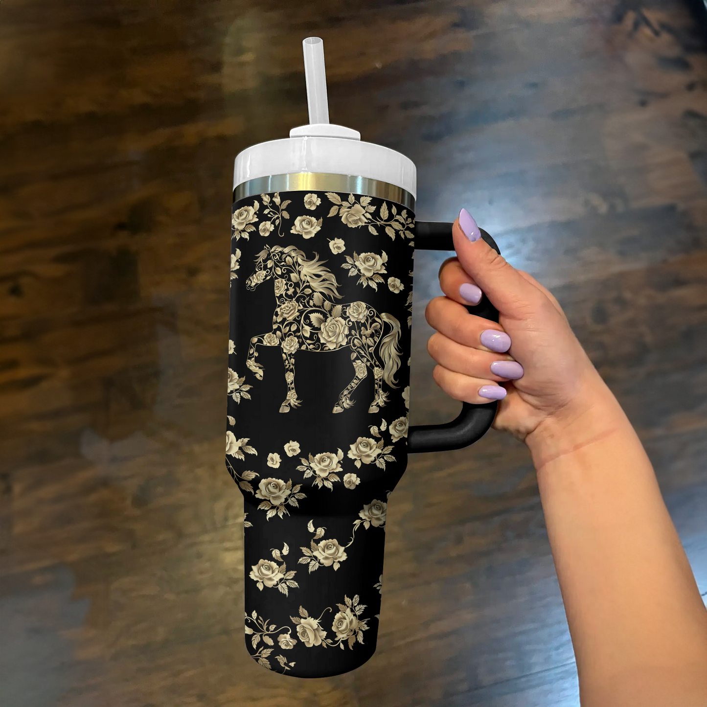 Shineful Tumbler Golden Horse And Roses