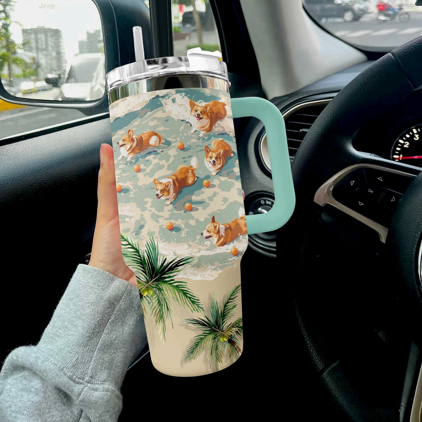 Corgi de plage tropicale Shineful Tumbler