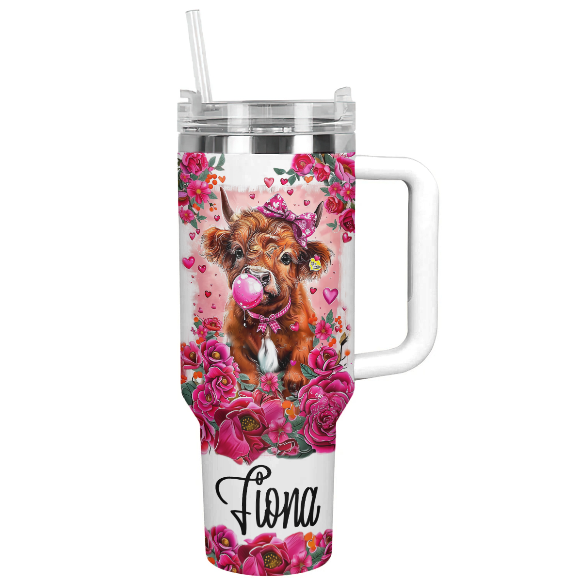 Shineful Personalized Tumbler Pink Floral Highland Cow