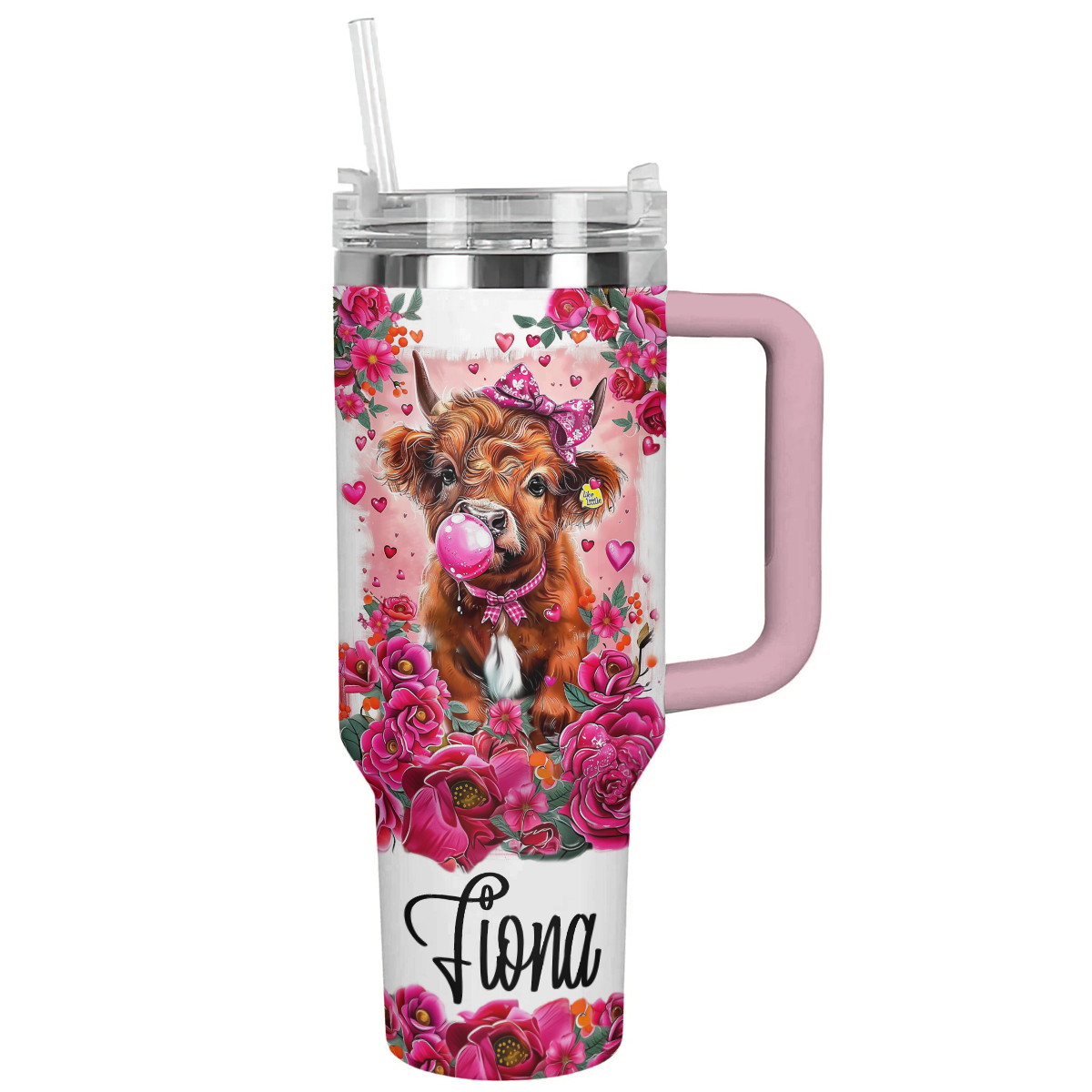 Shineful Personalized Tumbler Pink Floral Highland Cow