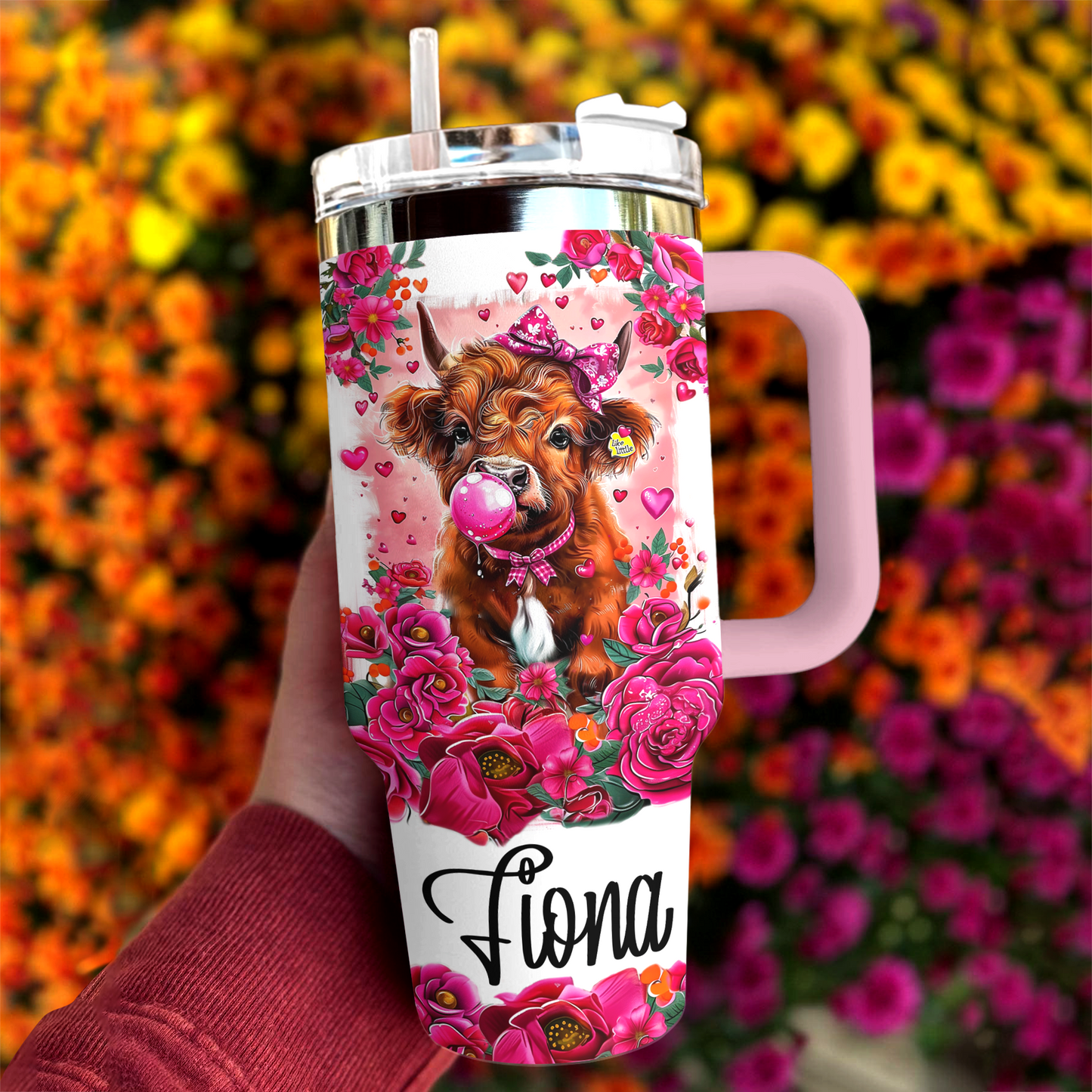 Shineful Personalized Tumbler Pink Floral Highland Cow