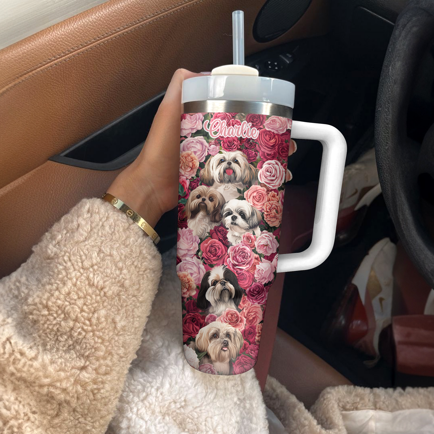 Glänzender personalisierter Becher Blühender Shih Tzu