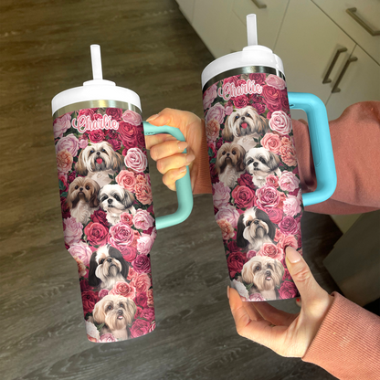 Glänzender personalisierter Becher Blühender Shih Tzu