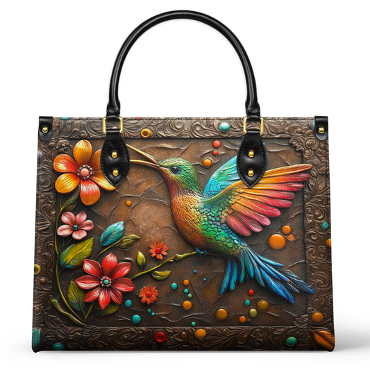 Glänzende Ledertasche Kolibri und Blume