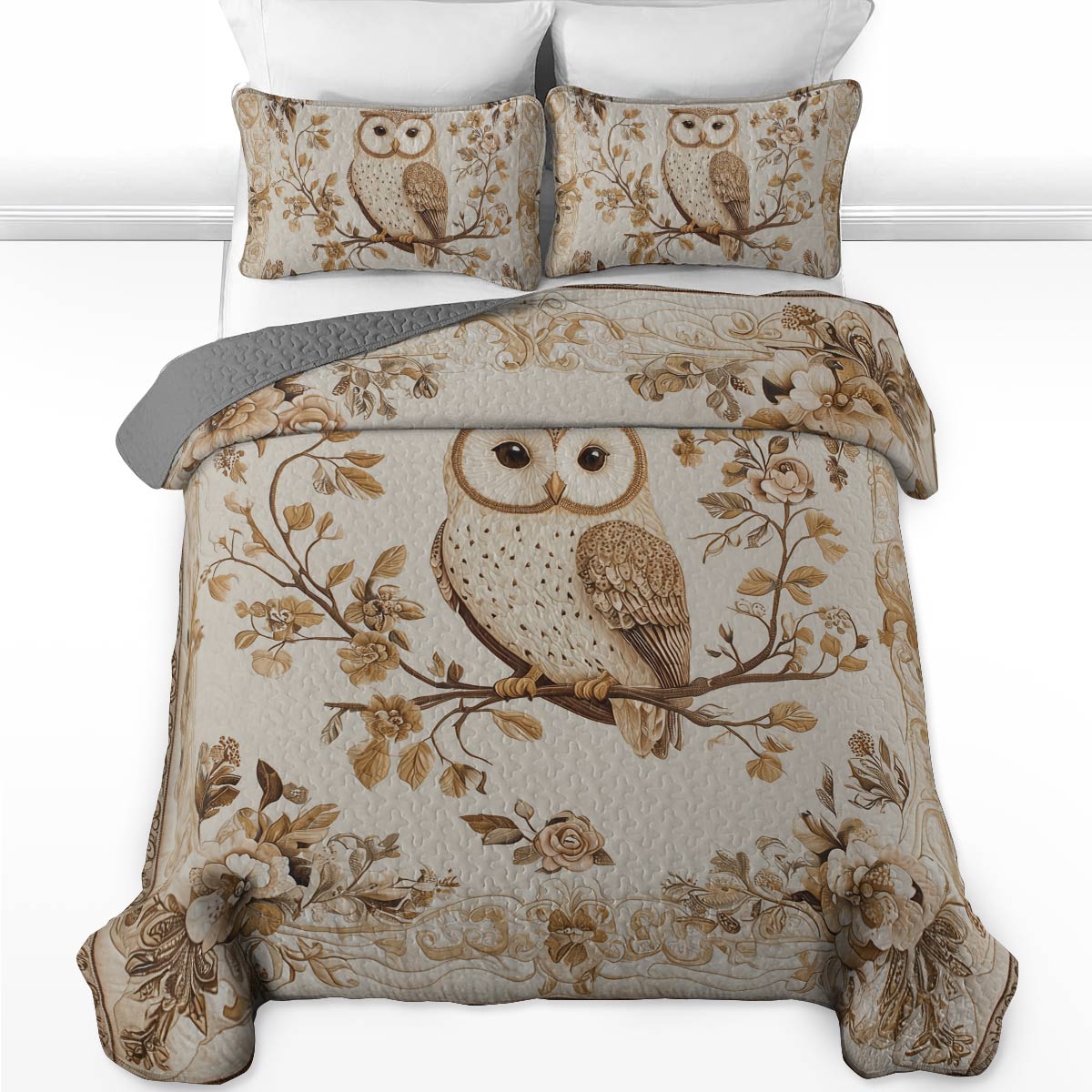 Shineful All Season Quilt 3-Piece Set - Vintage Elegance Owl