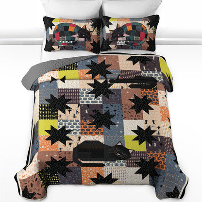 Shineful All Season Quilt 3-Piece Set Star Blocks Sleeping Black Cats