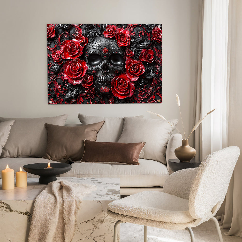 Shineful 2D Metal Sign Skull With Red Roses