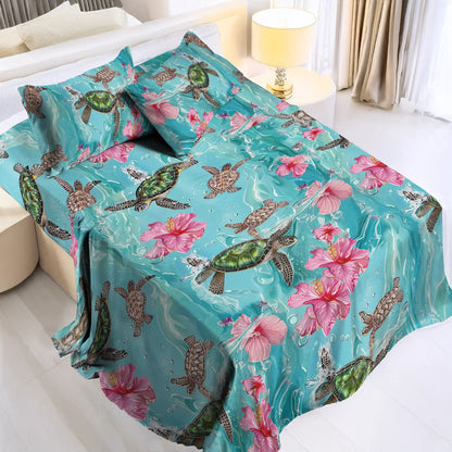 Shineful 4-Piece Bed Sheet Set - Sea Turtle Hibiscus