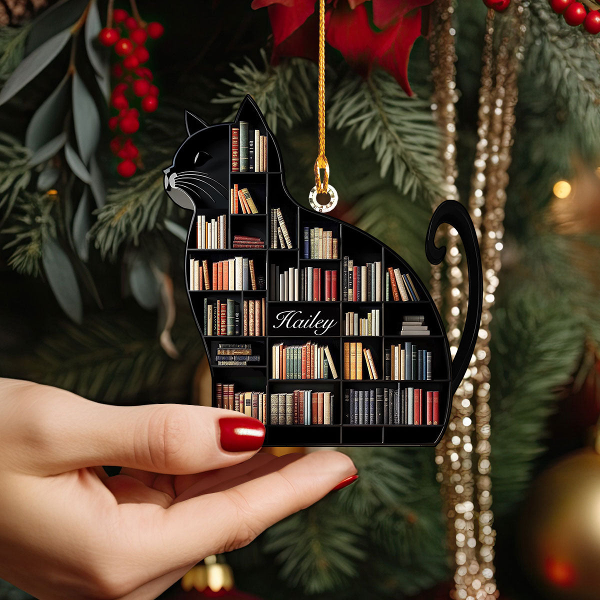 Shineful 2D Acrylic Ornament - Personalized Purrfectly Bookish Cat Shelf