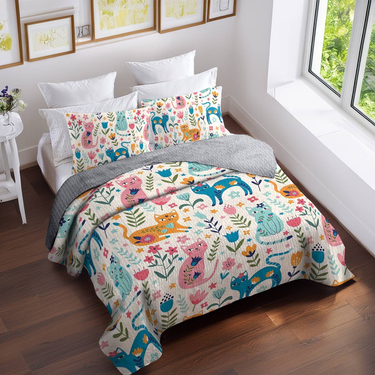 Shineful All Season Quilt 3-teiliges Set Floral Cats 