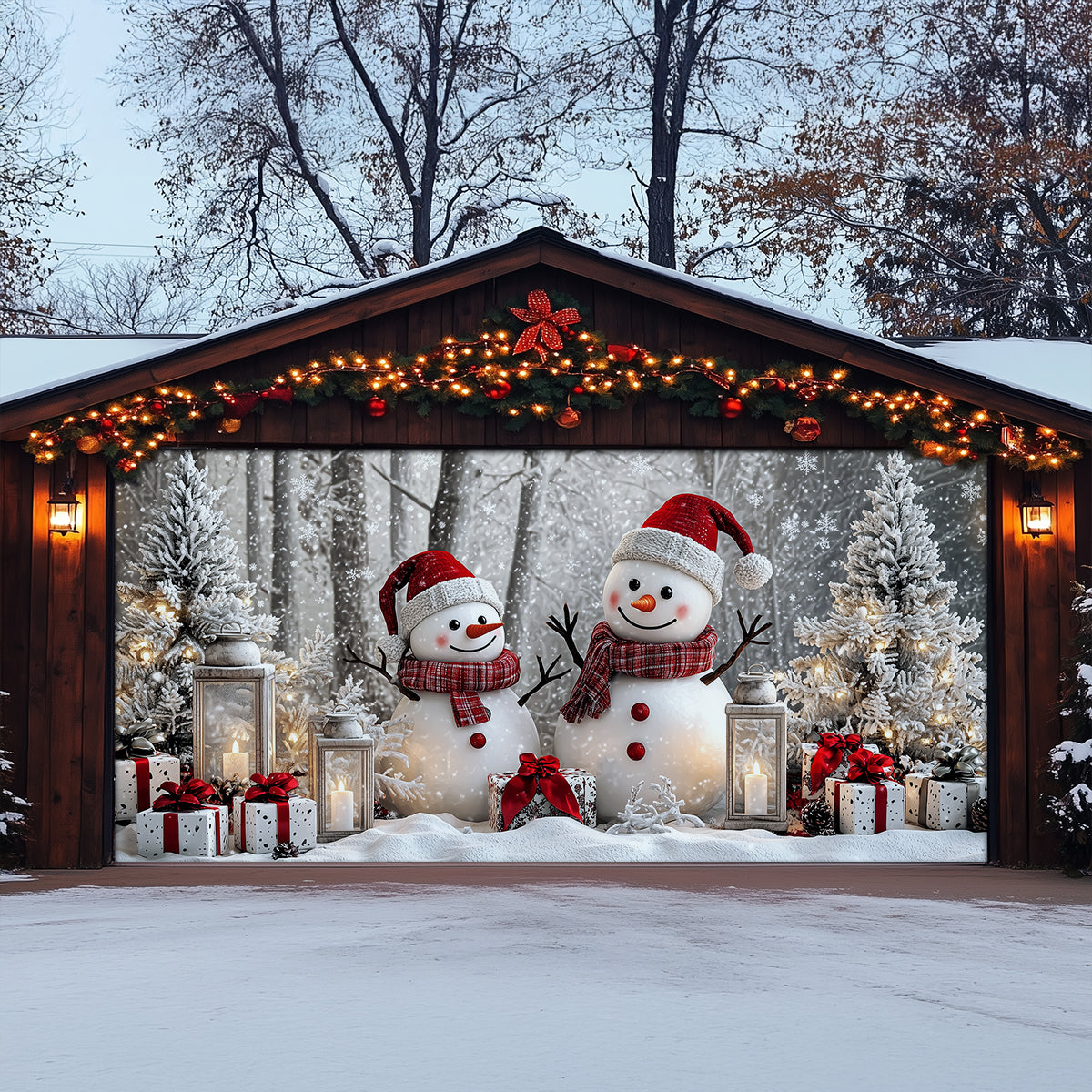Shineful Garage Door Banner Decoration Winter Forest Happy Snowman Couple