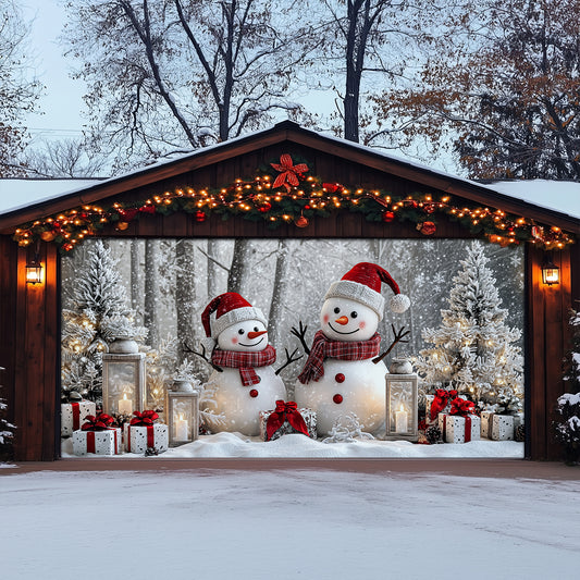 Shineful Garage Door Banner Decoration Winter Forest Happy Snowman Couple